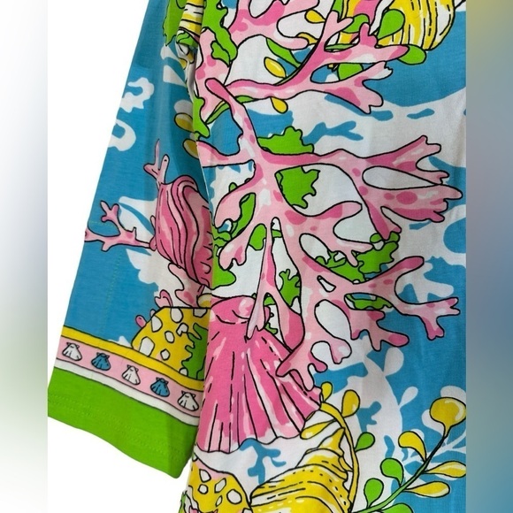 Barbara Gerwitt by Tabitha Blue Pink Green Sea Scene Slit Neck Shift Dress - Picture 5 of 10